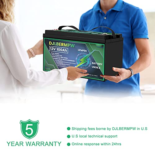 DJLBERMPW Lithium battery, 12V 100AH LiFePO4 Deep Cycle Battery, Up to 4000+ Cycle Built-in 100A BMS, Rechargeable Battery