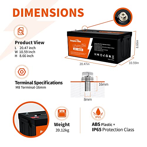 Ampere Time 12V 400Ah Deep Cycle LiFePO4 Battery Pack, with Built-in 250A BMS, Longer Runtime with 5.12kWh, 4000+ Cycle