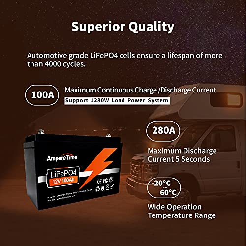 Ampere Time LiFePO4 Deep Cycle Battery 12V 100Ah with Built-in BMS, Perfect for Replace Most of Backup Power and Off Grid Applications...