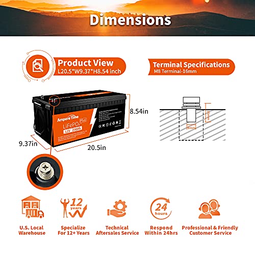 Ampere Time 12V 200Ah Plus Lithium LiFePO4 Battery, Built-in 200A BMS, 4000+ Deep Cycles, Max 2560W Power Output, 10-Year Lifetime