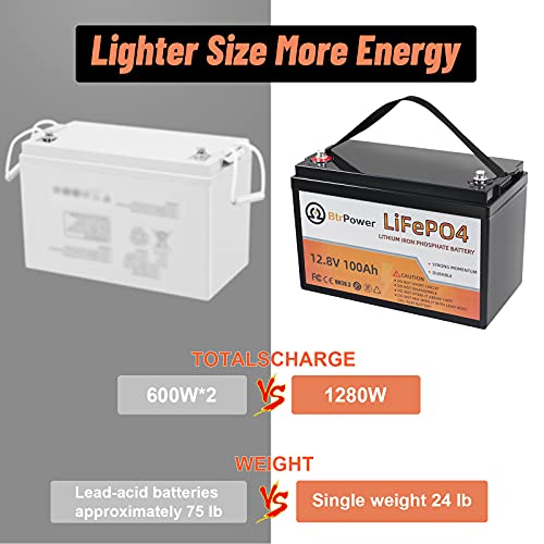 2 Pack 12V 100Ah LiFePO4 Deep Cycle Rechargeable Battery Pack Built-in 100A BMS 5000-7000 Cycles