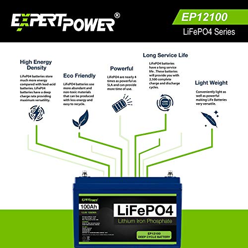 ExpertPower 12V 100Ah Lithium LiFePO4 Deep Cycle Rechargeable Battery  2500-7000 Life Cycles & 10-Year lifetime  Built-in BMS